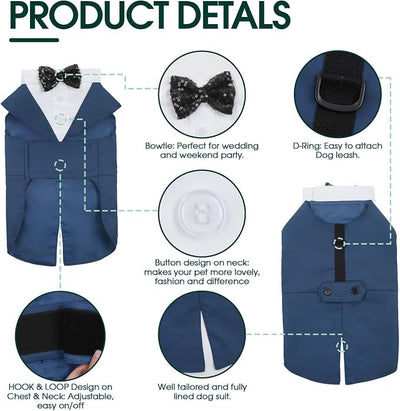 Kuoser Dog Tuxedo Dog Suit and Bandana Set, Dogs Tuxedo Wedding Party Suit, Dog Prince Wedding Bow Tie Shirt Formal Dog Wedding Attire for Large and Medium Dogs Golden Retriever Samo Bulldogs