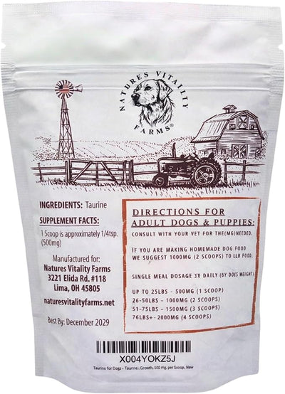 Taurine for Dogs - Taurine Powder Supplement, 144 Servings, 500mg, Heart, Brain, Eyes, Muscle, Energy, and Growth, (6oz)