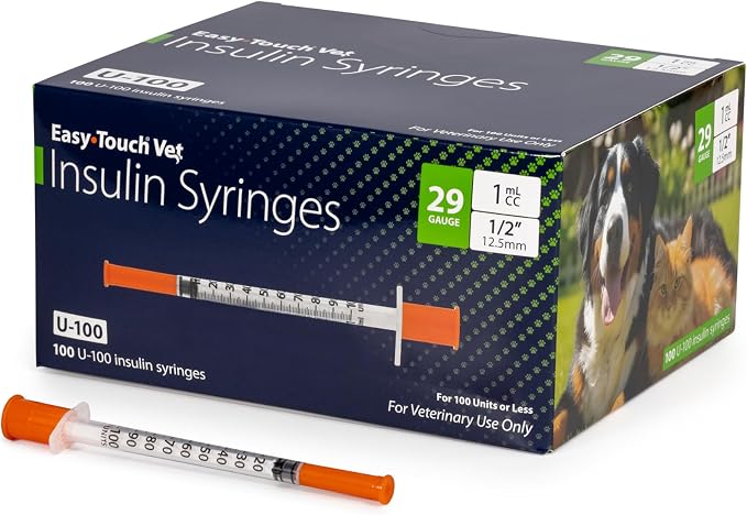 Easy Touch U-100 Pet Insulin Syringes for Dogs & Cats – 29G 1cc 1/2" Needle, Half-Unit Markings for Precise Dosing, Compatible with U-100 Insulin, Box of 100