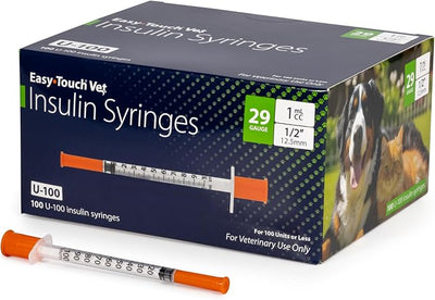 Easy Touch U-100 Pet Insulin Syringes for Dogs & Cats – 29G 1cc 1/2" Needle, Half-Unit Markings for Precise Dosing, Compatible with U-100 Insulin, Box of 100