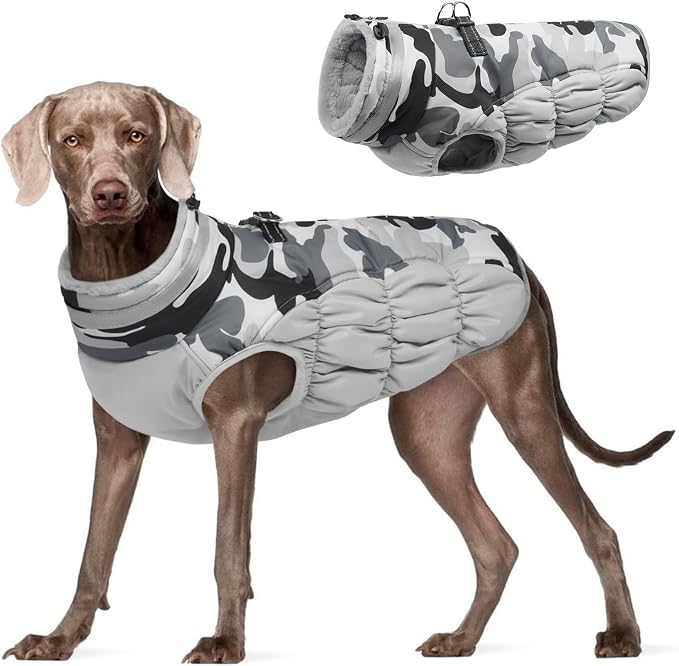 FUAMEY Dog Coat for Large Dogs,Waterproof Dog Winter Jacket with Harness Built in Puppy Cold Weather Coats Reflective Pet Vest with Zipper Warm Fleece Dogs Snowsuit Windproof Grey Camo XXXL