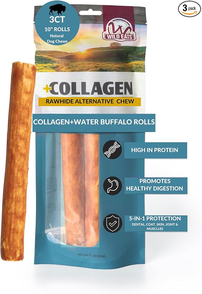 Wild Eats Water Buffalo Flavor Collagen Retriever Style Cheek Rolls 10" Dog Chews-3 Pack (Long Lasting Dog Chews Treats & Bones for Medium Dogs) Substitute for Pig Ears for Dogs