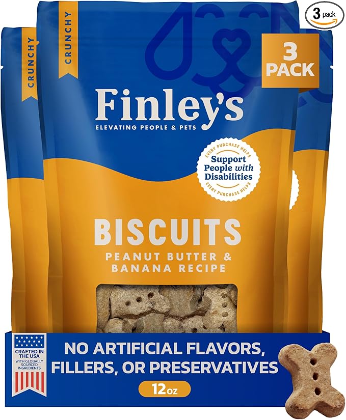 Finley's Crunchy Dog Biscuits, Peanut Butter and Banana, Plant-Based Healthy Treats, Oven Baked Dog Cookies, 12oz, 3 Pack