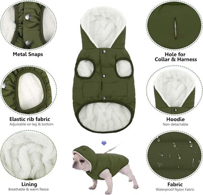 SAWMONG Waterproof Dog Winter Coat, Warm Fleece Lined Dog Jacket with Hood, Windproof Puppy Coat, Pet Apparel Vest Outdoor&Indoor Winter Activities(Green,XXL)