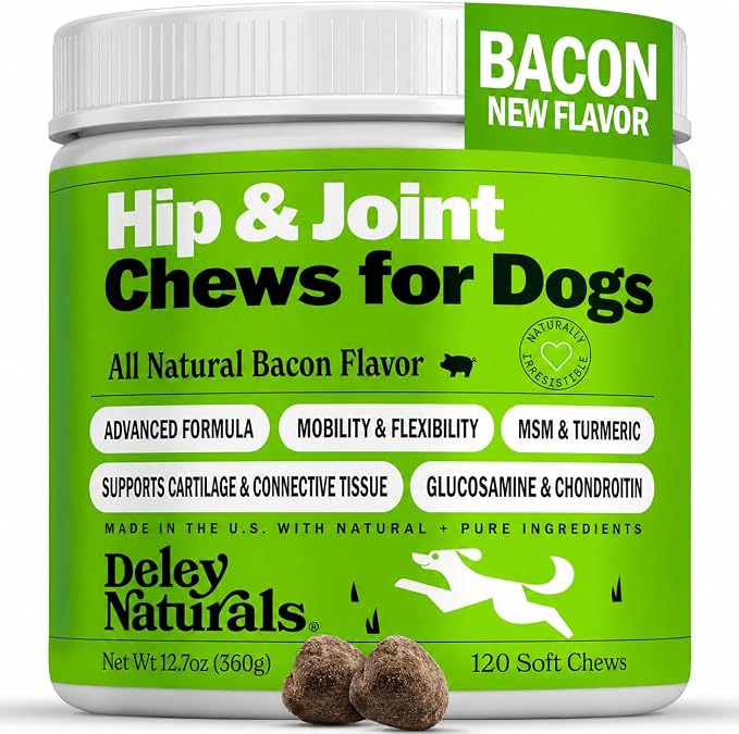 Deley Naturals Hip and Joint Supplement for Dogs - Glucosamine Chondroitin MSM & Collagen for Dogs - Dog Joint Supplement, Smaller Chews, Low Calories, Same Ingredients - 120 Bacon Flavor Chews