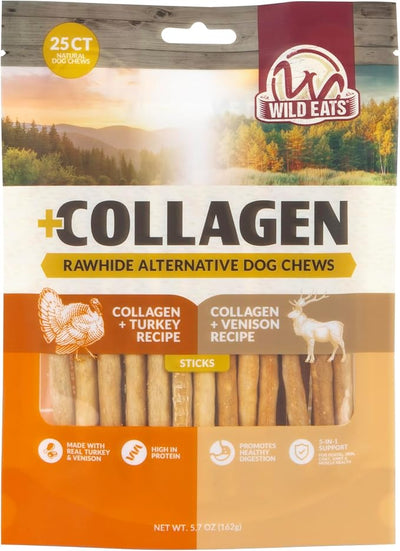 Wild Eats Turkey and Venison Collagen Sticks for Dogs (25 Pack) Long Lasting Dog Chews, No Hide Dog Treat Bully Stick Alternative, Rawhide Free, Grain Free, High Protein