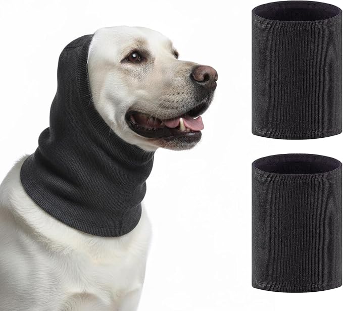 GOLD HONEY Dog Head Wrap, 2 PCS Soft Elastic Dog Ear Cover, Muffs Noise Protection, Anxiety Relief and Calming Pet, No Flap Ear Wrap for Grooming, Force Drying, Fireworks (Boxed, Grey, L)