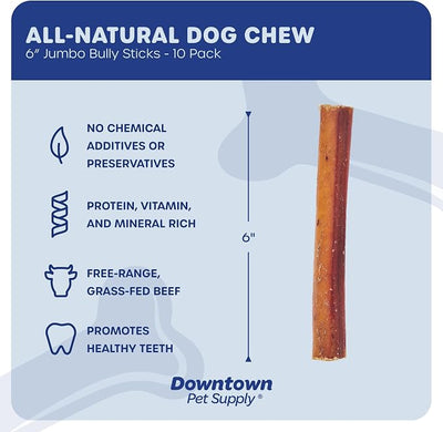 Downtown Pet Supply Jumbo Bully Sticks for Dogs - Natural Beef Chews, Low-Odor & Rawhide-Free, Long Lasting Dog Treats for Aggressive Chewers - Healthy, Safe & Delicious Chews Dogs Love (6" 10 Pack)