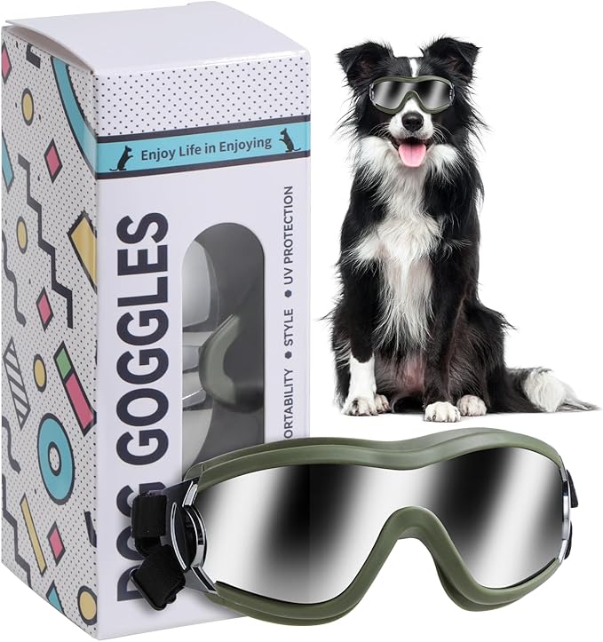 Dog Sunglasses Goggles, UV Wind Dust Fog Protection Pet Glasses Eye Wear Protection with Adjustable Strap for Medium or Large Dog (Green)
