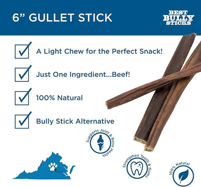 Best Bully Sticks 6 Inch Gullet Sticks - 25 Count (Pack of 1) - Natural, Esophagus Snack, Rawhide Alternative
