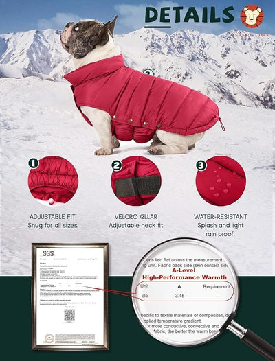 SPACE LION Dog Puffer Jacket, Down Winter Coat, Durable Outdoor Coat for Cold and Windy Conditions, Lightweight & Adjustable Fit Coats for Large Dogs, (Chili, Size22/XL+)