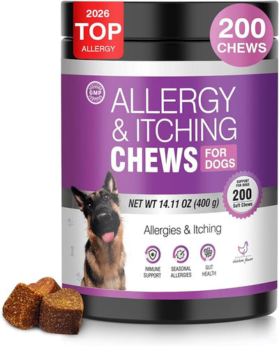 Dog Allergy Chews 200ct - Dog Allergy and Itching Skin Relief Anti Itch Aller Immune Bites for Dogs licking Paws Treatment Relief Itchy Chew Probiotics Vitamins for Skin and Coat Allergies - Chicken