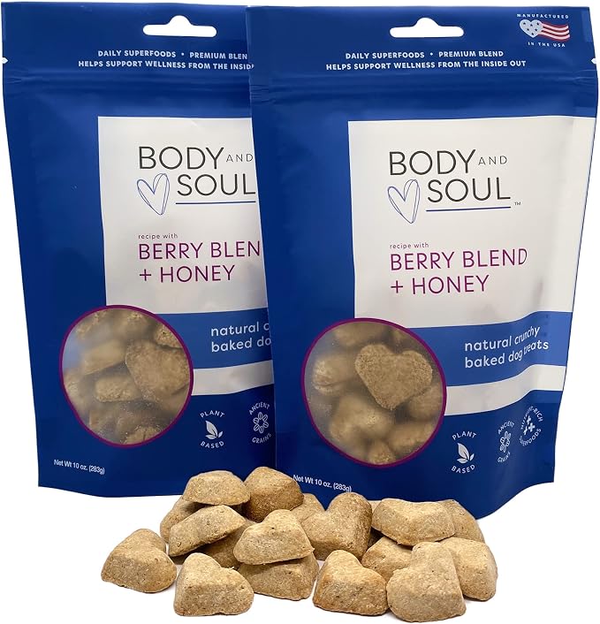 Body and Soul Berry Blend + Honey Crunchy Premium Training Dog Treats Superfood Oven Baked Biscuits Oats Barley & Quinoa - Clean Natural Plant Protein, No Additives No Fillers Made in USA 2Pk (20oz)
