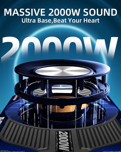 2000W 10 Inch Underseat Car Subwoofer and Amp Package, Slim Powered Under Seat Sub with Built-in Class D Amp and DSP, Blue LED Switch, Low Pass Filter, Bass Boost for Truck SUV