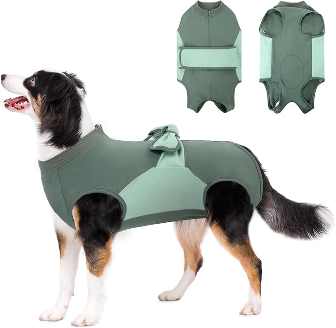 SAWMONG Zipper Recovery Suit for Dogs, Cotton Dog Surgery Suit Female Spay Pet Male Breathable, Neuter Onesie Bodysuit Prevent Licking Wounds, Substitute E-Collar & Cone(Green, 3X-Large)