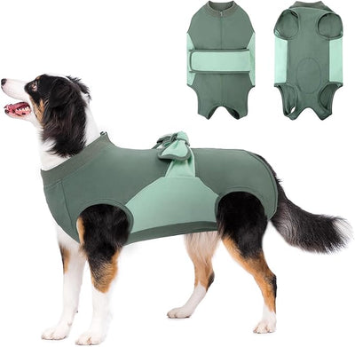 SAWMONG Zipper Recovery Suit for Dogs, Cotton Dog Surgery Suit Female Spay Pet Male Breathable, Neuter Onesie Bodysuit Prevent Licking Wounds, Substitute E-Collar & Cone(Green, 3X-Large)