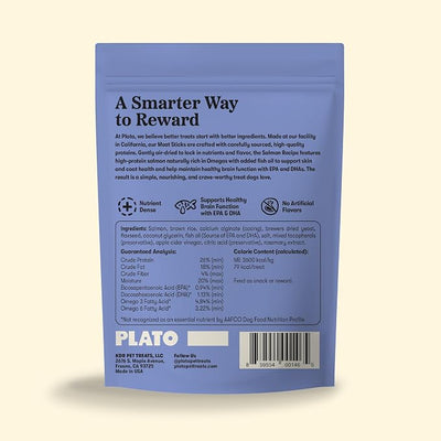 Plato Meat Sticks Salmon Dog Treats, Air-Dried High-Protein Soft Chews with Omega Fish Oil (EPA & DHA), 10 oz