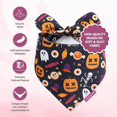 LunaMarie - Luxury Cat and Dog Bandanas - Halloween Designs | Premium Silky Poly Fabric | 100% Handmade Custom Shape Dual Layered Small, Medium, Large Cat Scarf (Trick-Or-Treat, Medium)
