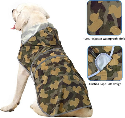 Dog Raincoat for Large Dogs Waterproof Jacket Hooded Rain Coats with Reflective Strips Leash Hole & Poncho Adjustable Fit (CamoDuck,XL)