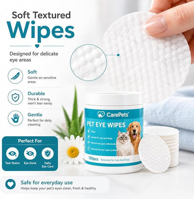 Eye Wipes, 100 Count Pet Tear Stain Cleaning Pads for Dogs and Cats, Gentle Textured Eye Area Wipes with Aloe Vera and Chamomile, Fragrance Free (3) | Gentle Textured Eye Wipes