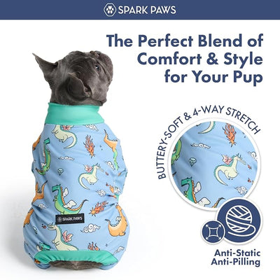 Spark Paws Dog Pajama, Dog Recovery Suit Male, Onesie, Ultra-Soft and 4-Way Stretch, for Small Medium and Large Breeds - Dragons - M
