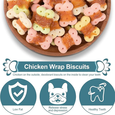 Chicken Wrapped Biscuit Dog Treats, Rawhide Free Puppy Chews, 8oz | 30% real poultry; 60% baked core; 15% protein; easily digestible bite size pieces; ideal for daily obedience rewards