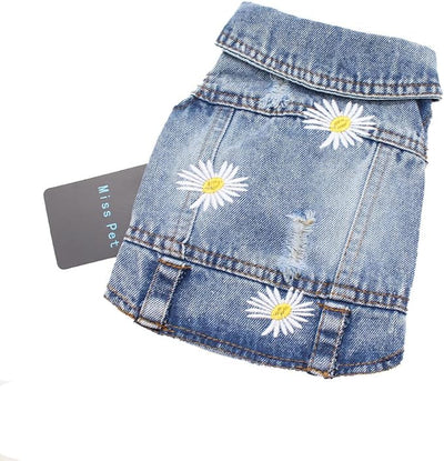 Pet Clothes Vintage Denim Dog Jacket with Daisy Embroidery - Puppy Stylish Pet Coat for Chihuahua, Yorkie Small Breeds - All-Season Comfort (Light-Blue,Large)