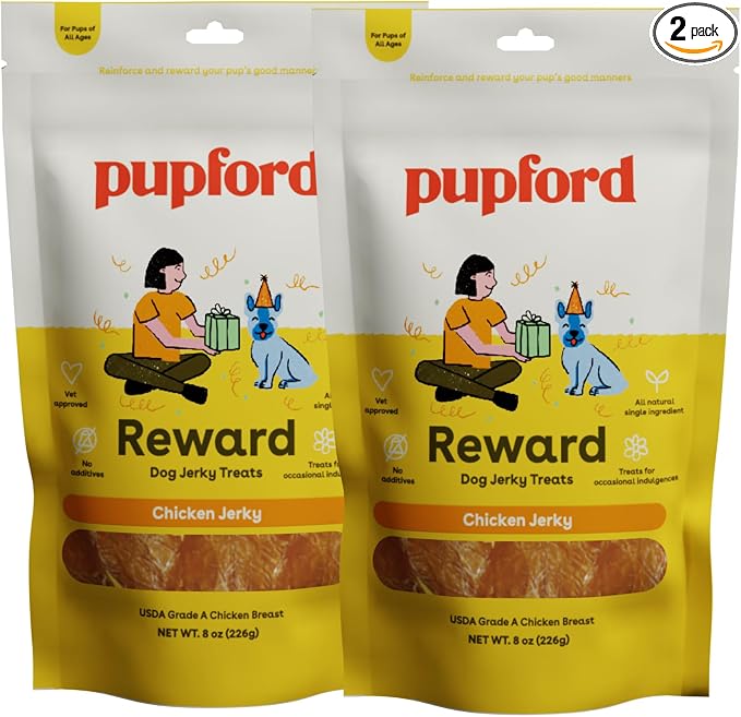 Pupford Crunchy Jerky Treats for Dogs & Puppies, Made in USA, Single Ingredient, No Fillers (Chicken, 8 oz, 2 Pack)