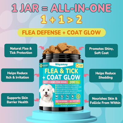 Woyamay Flea and Tick Prevention for Dogs, Natural Flea + Coat Glow Soft Chews, Dog Flea and Tick Treatment Chewable, Reduces Itch & Shedding with Fish Oil & Neem, Chicken Flavor