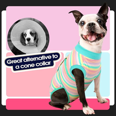 FUAMEY Recovery Suit for Dogs After Surgery,Soft Breathable Dog Bodysuit E-Collar & Cone Alternative Surgical Suit,Male Female Dog Neuter Spay Suits Anti Licking Wounds Onesie Mint Green Stripes S
