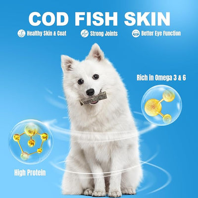 Amzey Cod Skin Dog Treats 24 OZ, High Protein Fish Skin Rolls Rich in Omega-3, 100% Natural Dried Fish Dog Chews for Teeth Cleaning, Pack of 4 Resealable Bags