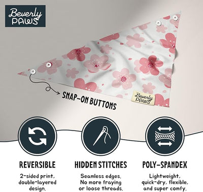 Snap-On Dog Bandana for Small Medium Large Pets, Dogs Cats Adjustable Handkerchief Scarf for Girl & Boy, Funny Cute Puppy Apparel & Accessories (Pink Flowers, Medium)