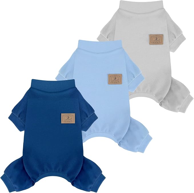 XPUDAC 3 Pack Fleece Dog Pajamas Winter Dog Clothes for Small Medium Dogs Boy Girl Warm Soft Puppy Outfit Pet Costume, Light Sky Blue, Navy, Light Gray, 2XL