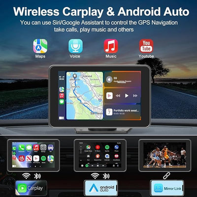 Wireless Apple CarPlay Screen with Fast Auto Connect, 7" Portable Android Auto Display for Car, Backup Camera, Bluetooth Audio, Voice Assistant & GPS Navigation