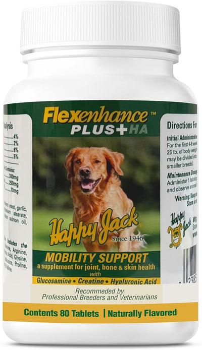HAPPY JACK Flexenhance Dog Hip & Joint Supplement, 80 Chewable Tabs | Skin & Coat Support, Improve Flexibility & Mobility