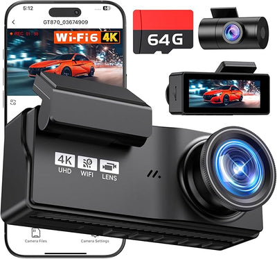 Dash Cam Front and Rear, 4K+4K Dash Camera for Cars, Daul Car Camera with 64GB Card, Dashcam with 3" IPS Display, Loop Recording, Night Vision, 24H Parking Mode