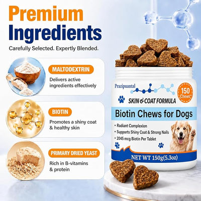 Biotin for Dogs Soft Chews, Skin and Coat Supplement for Dog Shedding and Dry Skin Relief, High Potency Dog Nail Strengthener with 42% Protein and B-Vitamin Complex, Chicken Flavor 150 Count