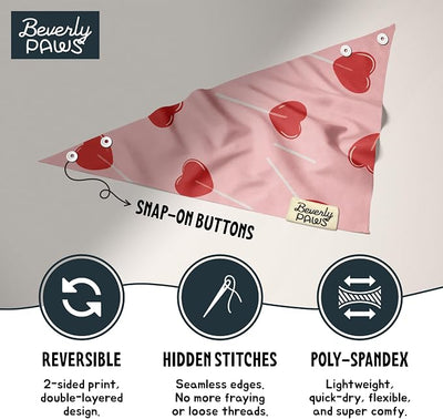 Snap-On Dog Bandana for Small Medium Large Pets, Dogs Cats Adjustable Handkerchief Scarf for Girl & Boy, Funny Cute Puppy Apparel & Accessories (Heart Lollipops, Medium)