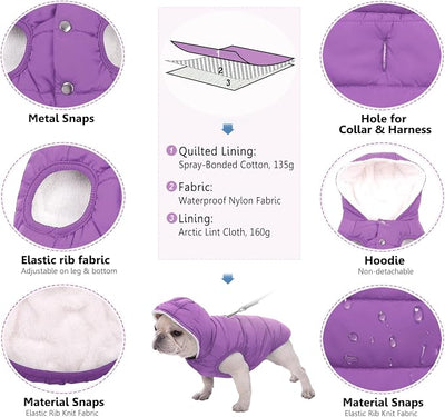 SAWMONG Waterproof Dog Winter Coat, Warm Fleece Lined Dog Jacket with Hood, Windproof Puppy Coat, Pet Apparel Vest Outdoor&Indoor Winter Activities(Purple,XL)