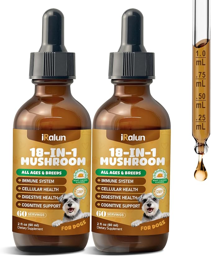 2 Pack Organic Mushroom Supplement for Dogs - 18-in-1 Blend with Turkey Tail, Reishi, Lion's Mane, Supports Immune Defense, Allergy Relief, Joint & Skin Health, Roast Chicken Flavor Liquid, 120mL