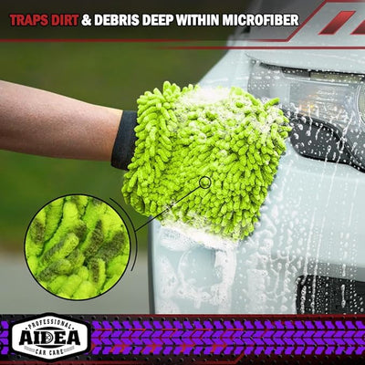 AIDEA Car Wash Mitt Microfiber, 4PK, Car Wash Brush, Green, 7.12''X10.14'' | Scratch Free Lint-Free, Premium Chenille Microfiber Mitt, Cleaning Supplies, Regular Size