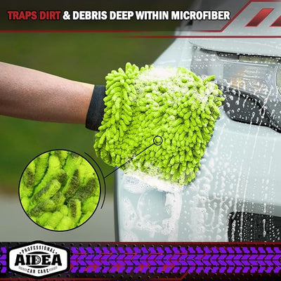 AIDEA Car Wash Mitt Microfiber, 2PK, Car Wash Brush, 7.12''X10.14'' | Scratch Free Lint-Free, Premium Chenille Microfiber Mitt, Regular Size, Green & Blue