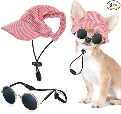 Jadive Small Dog Sun Hat with Ear Holes, Dog Cat Sunglasses with Anti-Slip Silicone Rope Baseball Cap Adjustable Puppy Sunbonnet Headdress Beach Visor Hat for Puppies Summer Outdoor(Pink)