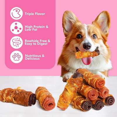 Chicken Duck Beef Meat Rolls Dog Treats 21.16 oz & Chicken Wrapped Rawhide Sticks 14.1oz