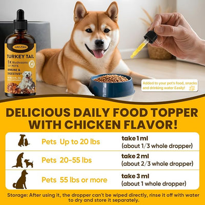 Turkey Tail Mushroom for Dogs - for Yeast & Itchy Skin, Turkey Tail Mushroom for Immune & Digestive, Joint, Energy, 5X Mushrooms for Pet Drop with Turmeric & Probiotic - Vet Formulated, 90 ML