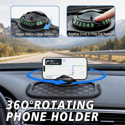 Multifunctional Car Anti Slip Mat, 360° Rotatable Phone Holder Dashboard Pad with Temporary Parking Number, Anti Skid Organizer for Phones Sunglasses Keys (Black & Gray)