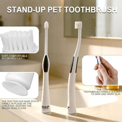 HOP Cat Toothbrush with Suction Cup Soft Nylon Bristles Micro-Head Toothbrush ABS Handle with TPR Anti-Slip Pet Dental Care Toothbrush for Small Medium Cats Dogs Kittens Puppies 6.5in/16.5cm