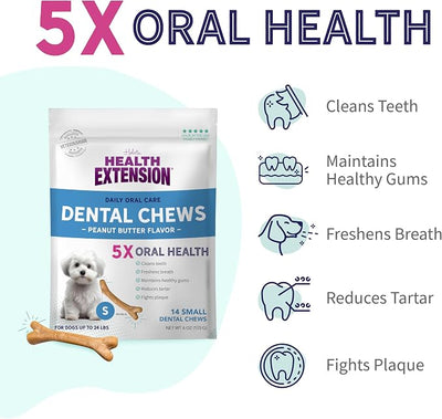 Health Extension Peanut Butter Dental Bones for Dogs, 14 Small Bones, Healthy Gums, Freshens Breath, Cleans Teeth, Training or Reward 6 oz Bag (Pack of 2)