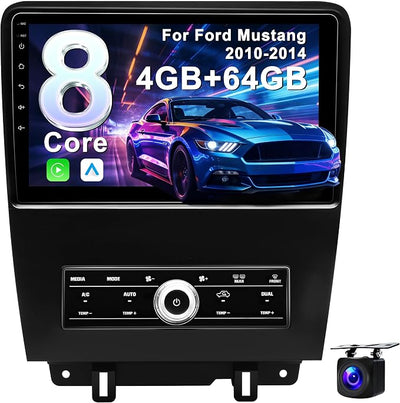8Core 4G+64G Car Radio for Ford Mustang 2010-2014: 10.1-Inch Upgrade Android 15 Stereo Head Unit CarPlay Android Auto, BT, WiFi 6, AM, FM, RDS, 36EQ, GPS, SWC, 1080P Backup Camera (Only fit Manual AC)