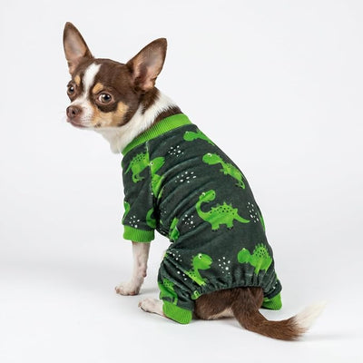 Fitwarm Dinosaur Dog Fleece Pajamas, Warm Clothes for Small Dogs Boy, Cozy Pet Onesie with Feet, Dark Green, Bright Green, Medium